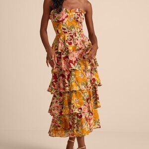 NWT Lulus Nahya Yellow Multi Floral Strapless Tiered Midi Dress - Size S